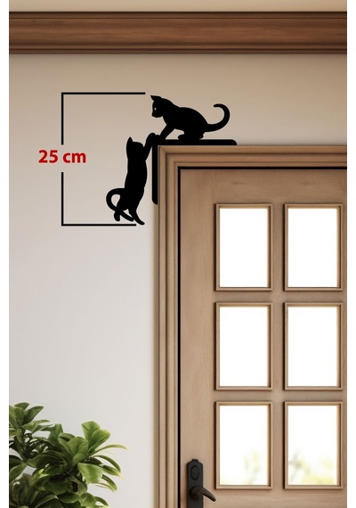 Kedi Kapı Pervaz Kenar Süsü 25x25 Cm Siyah Ahşap Duvar Dekoru - Ev Süsü