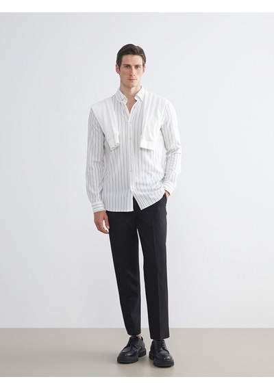 Lcw Vision Ekru Slim Fit Uzun Kollu Çizgili Erkek Gömlek