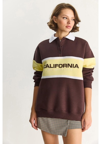 Shade Kadın Polo Yaka Düğmeli California Yazılı Nakış Detaylı Oversize Kadın Sweatshirt 10009 60283563 - Kahverengi