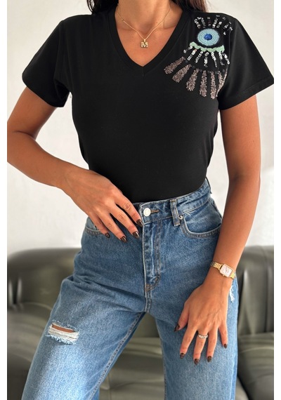Femelle Kadın Siyah V Yaka Omzu Nakış Ve Pul Payet İşlemeli %100 Pamuk T-shirt