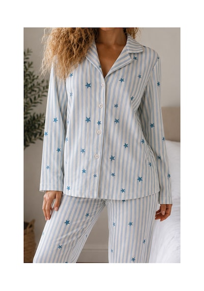 Fit Women Kadın Örme Gömlek Yaka Mavi Pijama Takımı