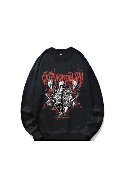 Adrift Romwe Guys Letter Skull Graphic Sweatshirt Siyah Siyah