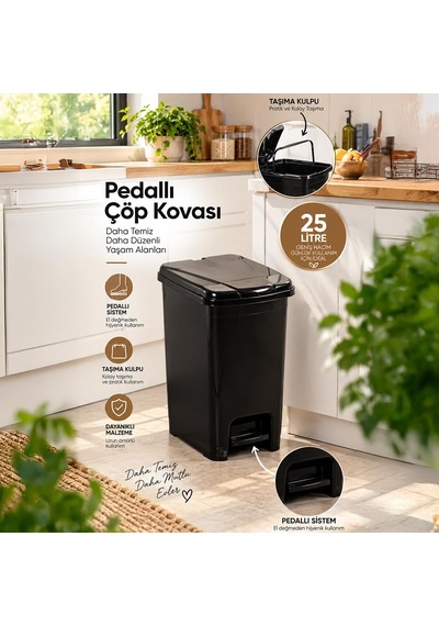 0131-1 Slim Pedallı Çöp Kovası 25 Lt Siyah Taşıma Kulplu İç Kovalı, Mutfak Ve Banyo İçin İnce Çöp Kovası