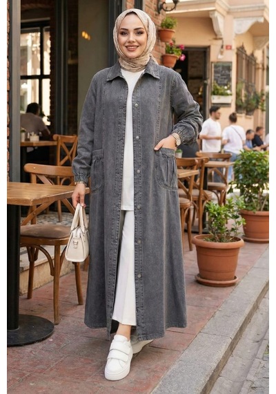 Hb Harma Time Butik Kadın Düğmeli Cepli Denim Gri Kot Kap Gri Gri