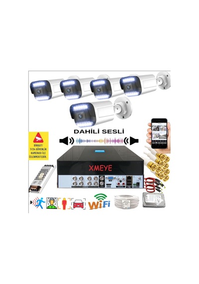 5 Li Sesli Araç İnsan Yüz Tanımalı Hareket Algılayan 5 Mp Lens 9 Warm Led Gece Renkli Kamera Seti 5909ws