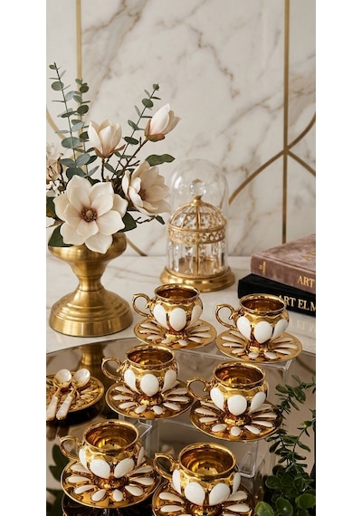 6'lı Gold Lüks Fincan Takımı-buenos 6'lı Vintage Esintili Fincan Takımı-lüks Porselen Fincan Seti Beyaz - Gold
