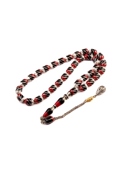 Burhan Sağlam İşlemeli Kapsül Kesim 12x8 Mm Erzurum Oltu Taşı Gümüş Püsküllü Tesbih Bs24663