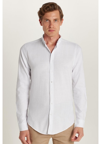 Tudors Erkek Slim Fit Dar Kesim %100 Pamuk Keten Doku Düğmeli Yaka Beyaz Gömlek-26921 Beyaz