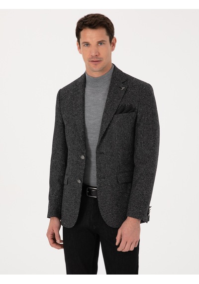 Cacharel Siyah Slim Fit İpek Kaşmir Karışımlı Mikro Desenli Blazer Ceket