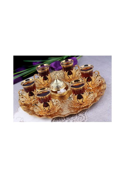 Çay Sunum Seti Tepsili Metal Gold Hanedan Model