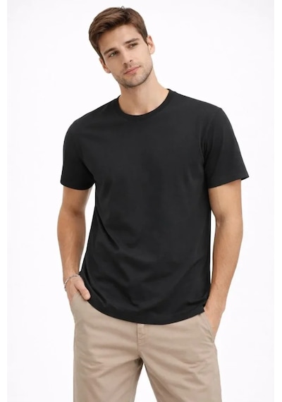 Suma Erkek Bisiklet Yaka Tişört Regular Kalıp Basic Pamuklu Günlük Kullanım T-shirt - Siyah