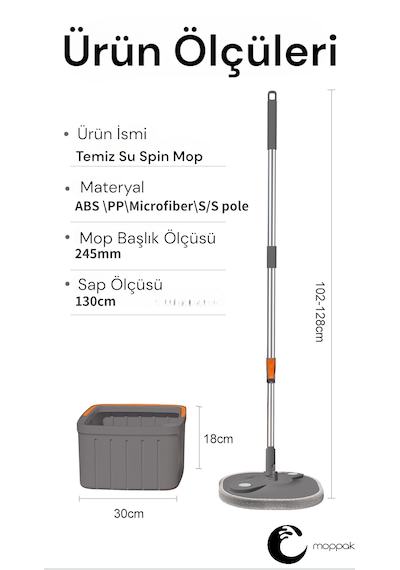 Moppak Mop Temizlik Seti Temiz Kirli Su Ayrımı Mikrofiber Kare Başlık