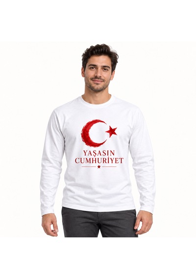 Almeracraft 29 Ekim Cumhuriyet Bayramı Ay Yıldız Baskılı Beyaz Uzun Kollu Tişört Yaşasın Cumhuriyet