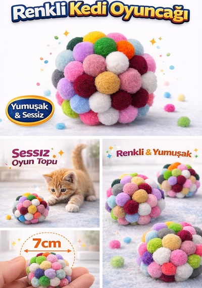 Renkli Ponpon Kedi Oyuncak Topu 7 Cm Yumuşak Sessiz Kedi Oyun Topu