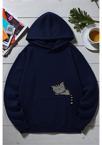 Uyguntarz Unisex Uyuyan Kedi Baskılı Kapüşonlu Sweatshirt Lacivert