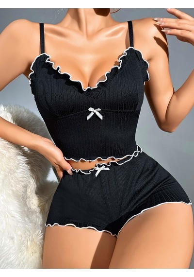 Mr Owl Kadın Siyah Fitilli Askılı Şortlu Pijama Takımı