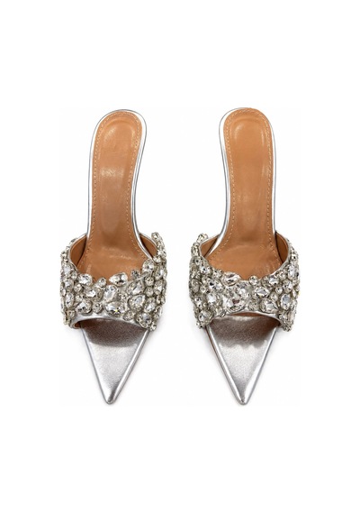 Papucumun Dünyası Kadın Gümüş Kristal Taşlı Sivri Burun Stiletto Mule Beyaz