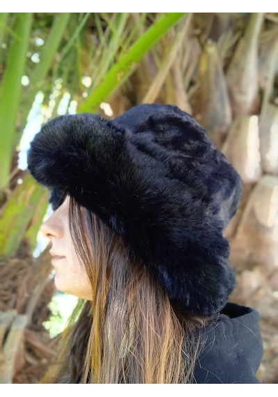 Shopiolog Pofidik Peluş Şapka Kışlık Suni Kürk Kalpak Kova Siyah Şapka Siyah