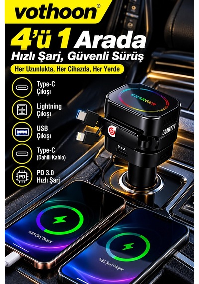 4'ü 1 Arada 66w Araç Şarj Cihazı Çift Kablolu Araç İçi Çakmaklık Hızlı Şarj Cam Kırma Çakmak Özellik Siyah
