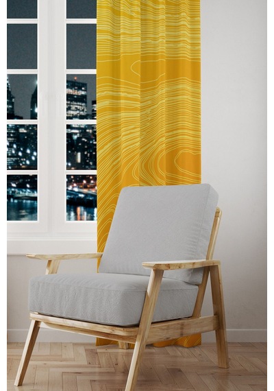 Yellow Wave Stile Desenli Süet Oturma Odası Salon Fon Perde Baskılı Ekstrafor Büzgü Tek Kanat Çok Renkli