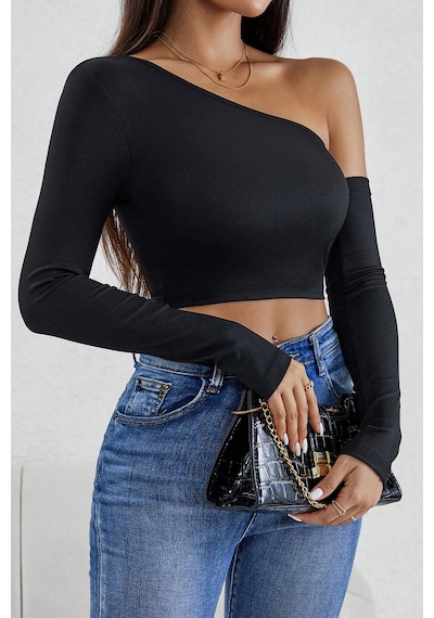 Modi Kadın Siyah Tek Omuz Detaylı Uzun Kol Crop Top Bluz Açık Mavi Siyah