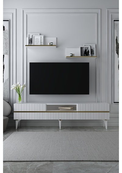 180dhdtrüç5ba Tedy Lazer Pleksi Desenli Raflı Tv Sehpası Ünitesi Beyaz-altın