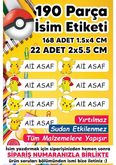 Okul Etiketi Kalem Defter Etiketi Pikachu Temalı Isim Yazılabilen Etiket - 190 Adet
