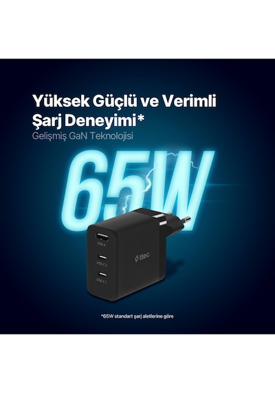 Ttec Smartcharger Trio Gan 65W PD Seyahat Hızlı Şarj Aleti 2 USB-C+USB-A