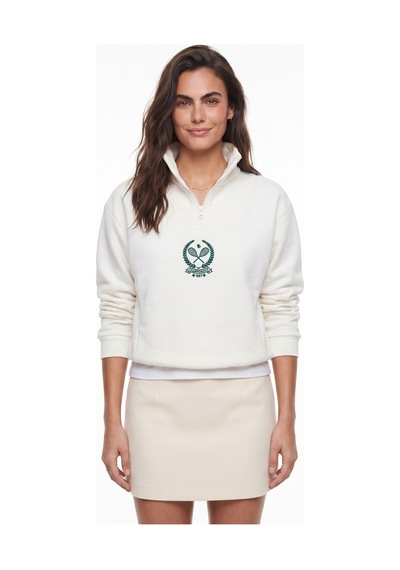 Onloox Kadın Beyaz Beyaz Pamuklu Dik Yaka Crop Yarım Fermuarlı İçi Polarlı Uzun Kollu Sweatshirt