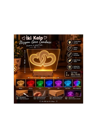 Şeffaf İlizyon Led Gece Lambası İki Kalp Görseli 20x15 Cm