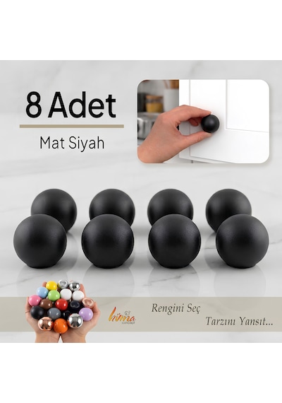 8 Adet Sert Plastik Düğme Yuvarlak Top Mat Siyah Dolap Mobilya Mutfak Dolabı Çekmece Kulbu Kulpu Kulplar