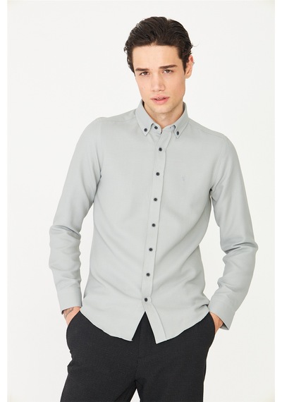 Gri Düğmeli Yaka Uzun Kollu Gömlek Slim Fit Gri