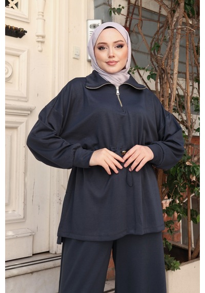 Balenbi Kadın Oversize Kesim Fermuarlı Yaka Bel Stoperli Modal Takım 1234 Füme