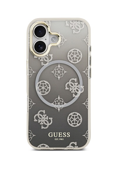 Apple Uyumlu iPhone 17 Kılıf Guess Lisanslı M-safe Şarj Özellikli Simli Peony Desenli Silikon Kapak Siyah Siyah
