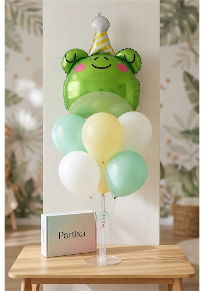 Şapkalı Safari Kurbağa Kafa Balon Stand Seti Şeffaf 7 Li Stand + Kurbağa Folyo Balon + 7 Lateks Balon
