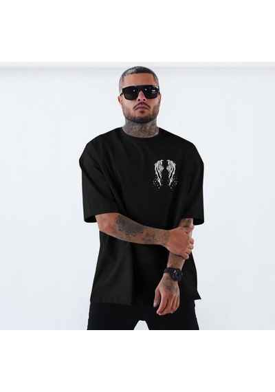 Flood Of Style Erkek Siyah Yıldızlı Melek Kanadı Baskılı Bisiklet Yaka Tshirt