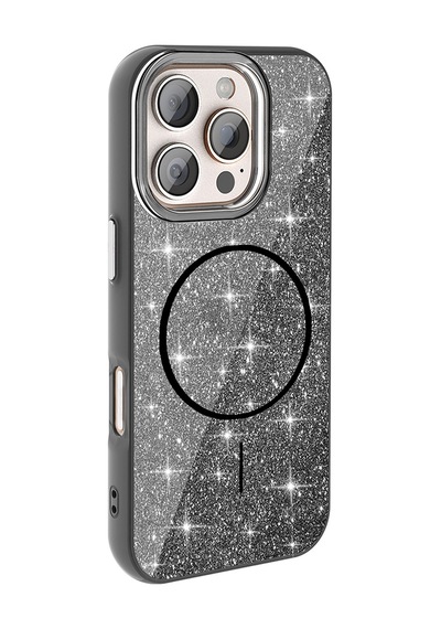 Zore İphone 16 Pro Max Kılıf Magsafe Şarj Özellikli Parlayan Simli Nvth Okso Kapak - Gold