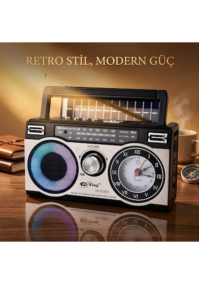 Solar Şarjlı Bluetooth Radyo Saatli Rgb Ledli Usb/sd Destekli Type-c Şarjlı Nostaljik Radyo
