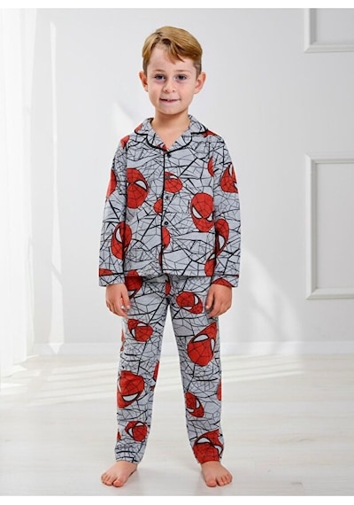Pistyle Erkek Çocuk Örümcek Desenli Düğmeli Alt Üst Pijama Takımı Kırmızı