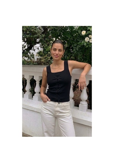 Onno Style Women Kolsuz Askılı Kare Yaka Bağcık Detaylı Triko Kadın Bluz Siyah
