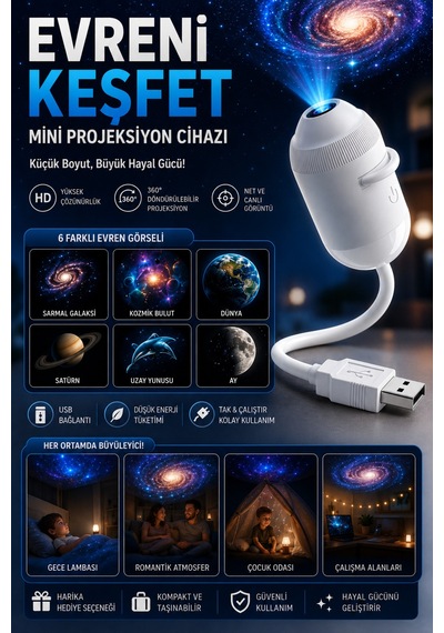 Uzay Gece Lambası Mini Projektör 6 Film Disk 360 Dönen Ay Aurora Kuzey Işıkları Tak Çalıştır Nebula