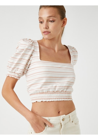 Koton Crop Bluz Beli Lastikli Turuncu Çizgili 2sak60288cw 2SAK60288CW2S0