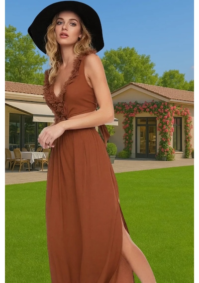 Frm Ekru Viskoz Maxi Elbise Cut Out Detaylı Plaj Elbisesi Dayanıklı M Tarçın
