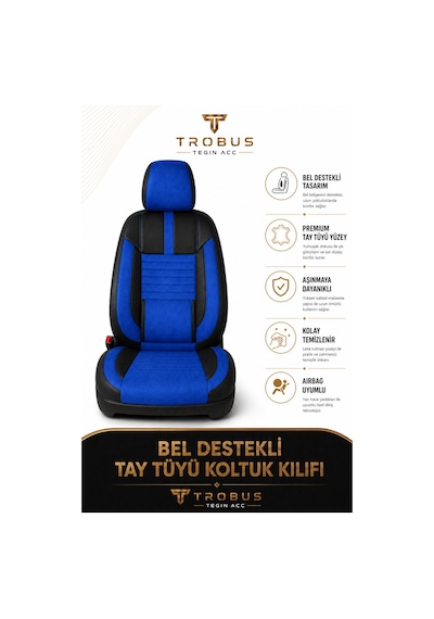 Renault Megane E-tech 2022+ Uyumlu Apex Serisi Tay Tüyü Bel Destekli Mavi Siyah Koltuk Kılıfı