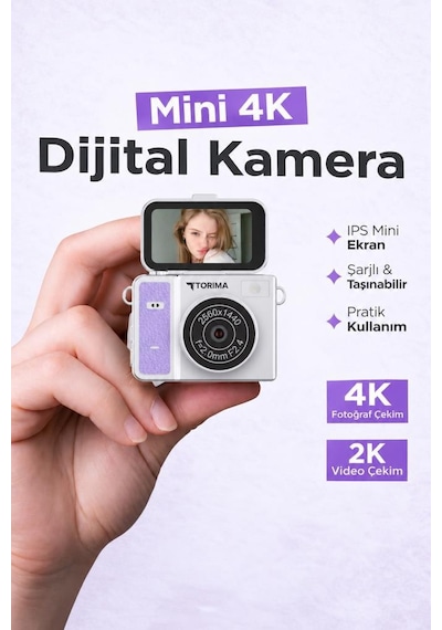 Torima CMR46 Mini Dijital Kamera 2K Flip Ekranlı Selfie Video Vlog Kamerası Mor