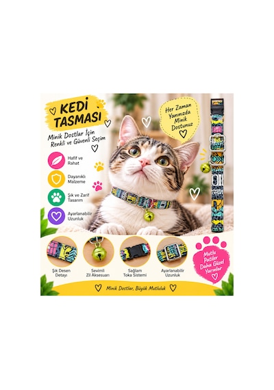 Kedi Tasması Grafiti Desenli Çok Renkli Zilli Ayarlanabilir Klipsli Kumaş Kedi Boyun Tasması