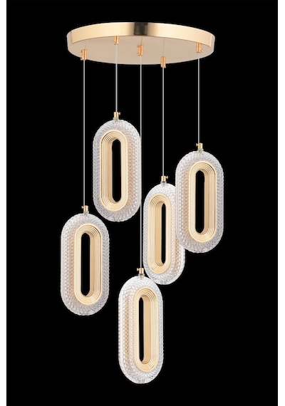 İstanbul Avize Alfa 5'li Gold Ledli Kristal Taşlı Avize Gold