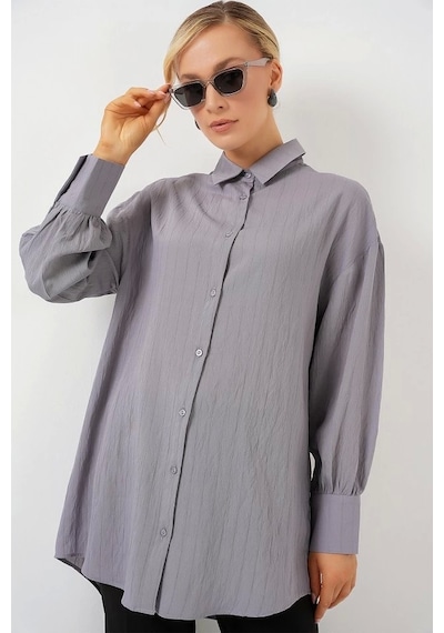Defymoda Çizgili Uzun Gömlek Tunik 5963 - Gri Gri