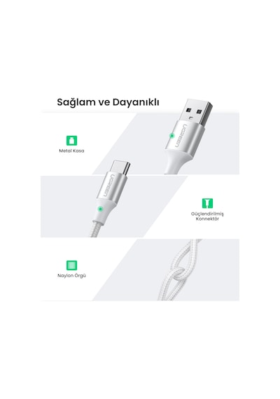 Ugreen Örgülü Usb-c Şarj Ve Data Kablosu, Beyaz, 25 Cm, 60129