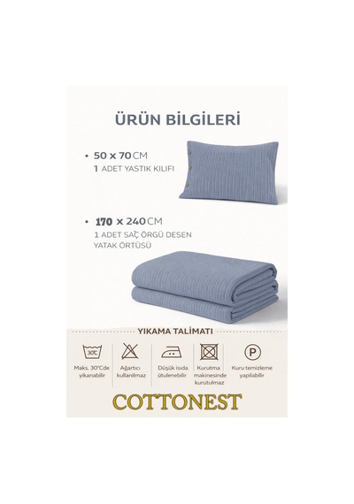 Tek Kişilik Örgü Desen Pike Yatak Örtüsü Seti 160x230 Cm Pike 50x70 Cm Yastık Soft Mavi